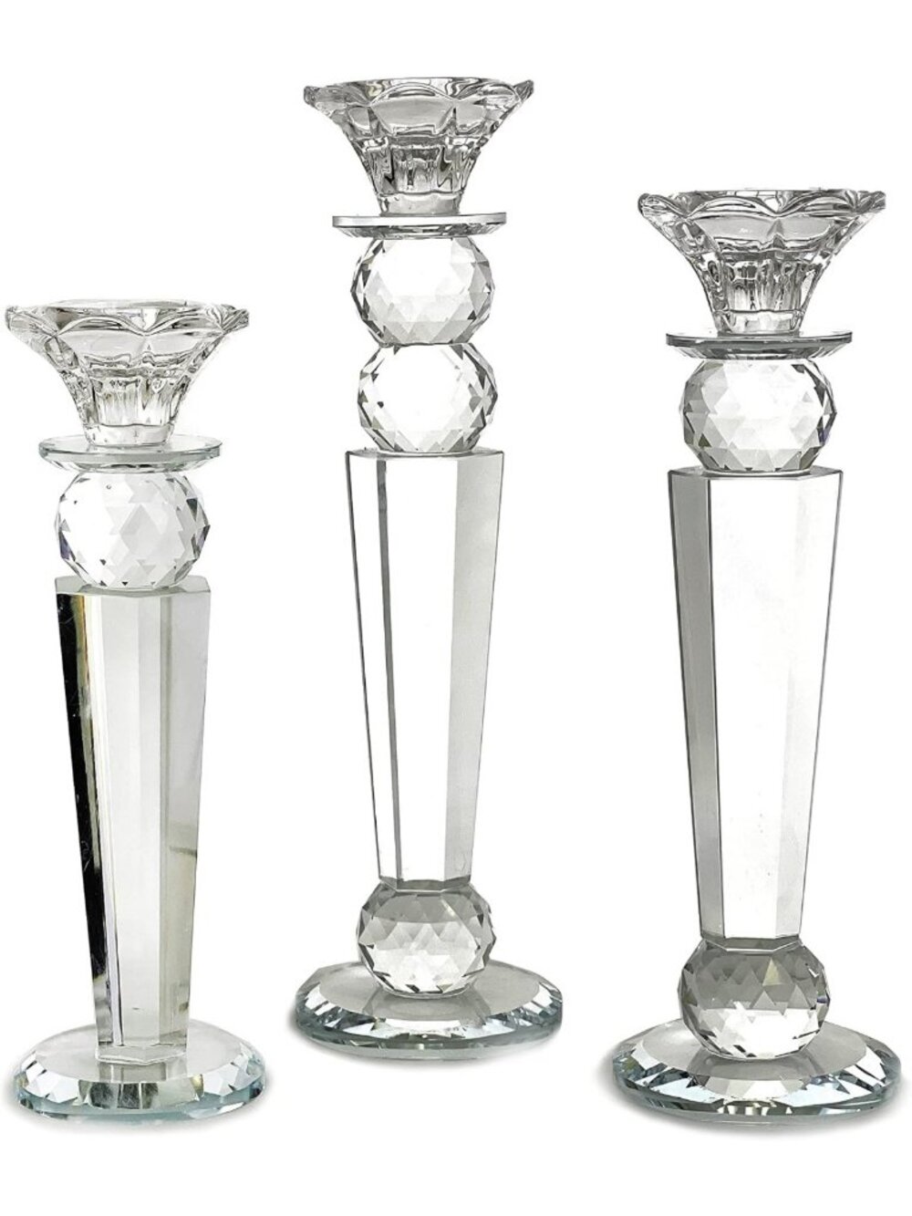 Elegant Crystal Glass Candlestick Set - 3 Handcrafted Tapered Pillars, 8.5-11